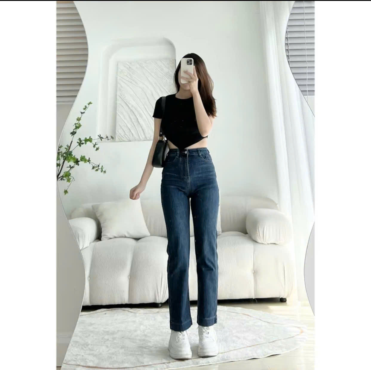 Basic Straight Leg Jeans with Folded Hem Korean Style Pants for Women