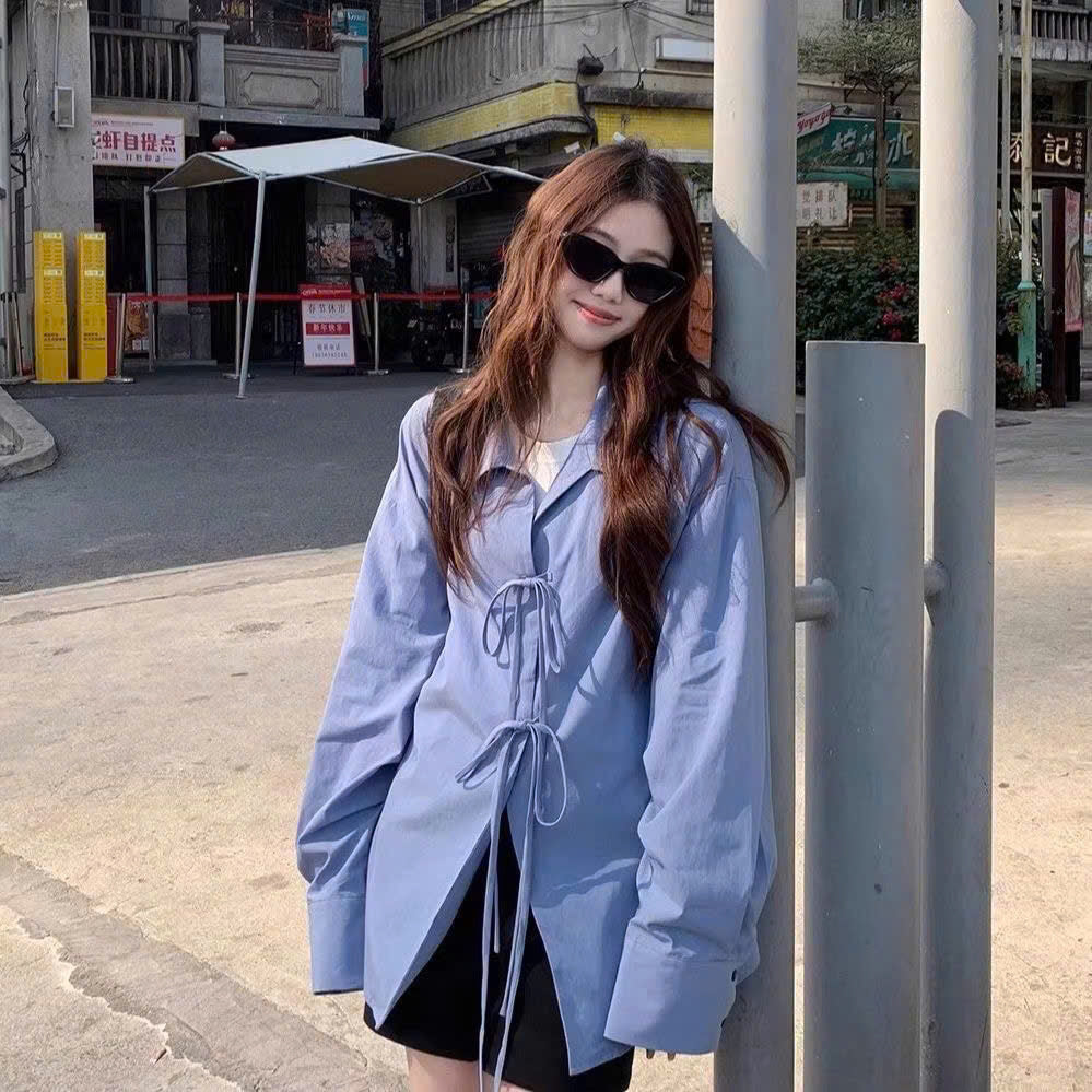 Korean Style Women's Shirt – Ribbon Tie, Loose Fit, Trendy