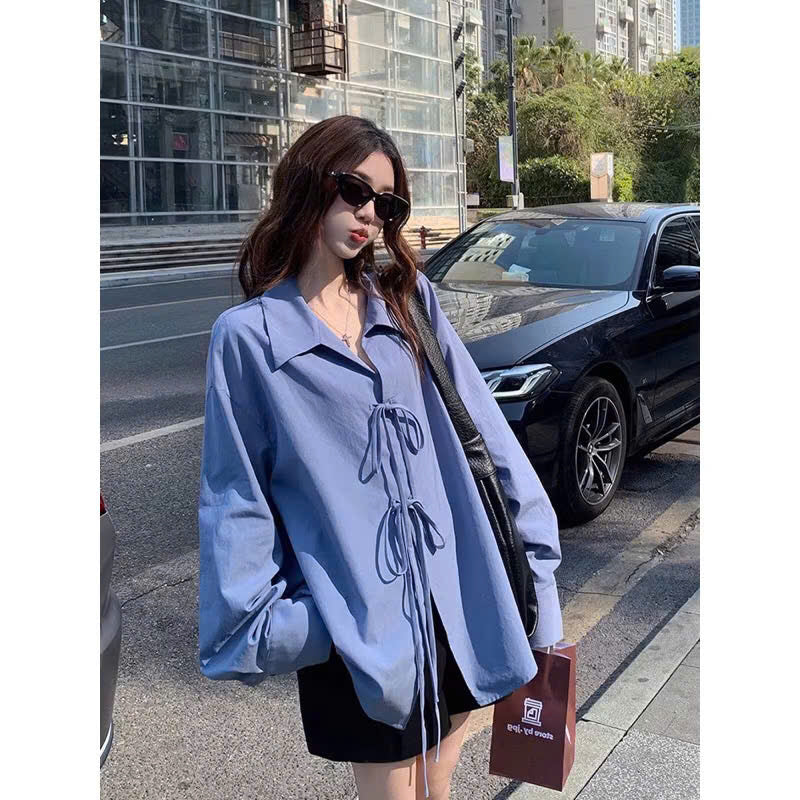 Korean Style Women's Shirt – Ribbon Tie, Loose Fit, Trendy