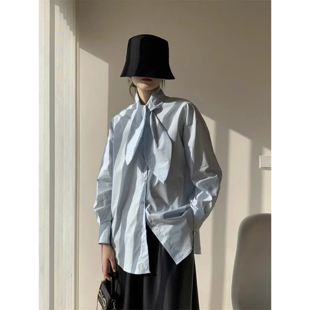 Long-Sleeve Women's Shirt – Bow Tie Collar, Loose Fit