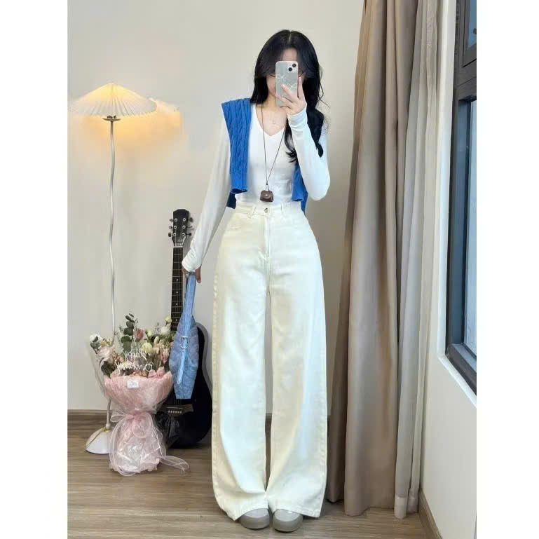 High-Waisted Kaki Jeans – Korean Style, Straight-Leg, Thick Denim