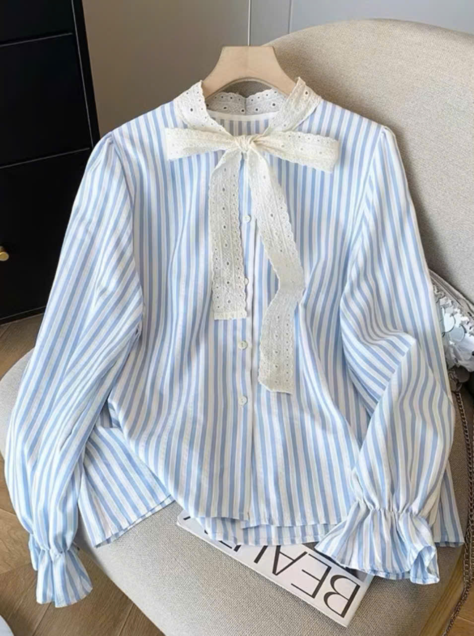 Elegant Striped Blouse with Lace Bow Detail