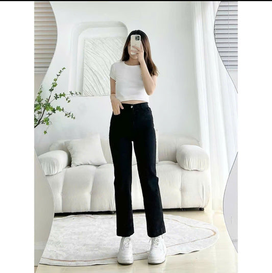 Basic Straight Leg Jeans with Folded Hem Korean Style Pants for Women