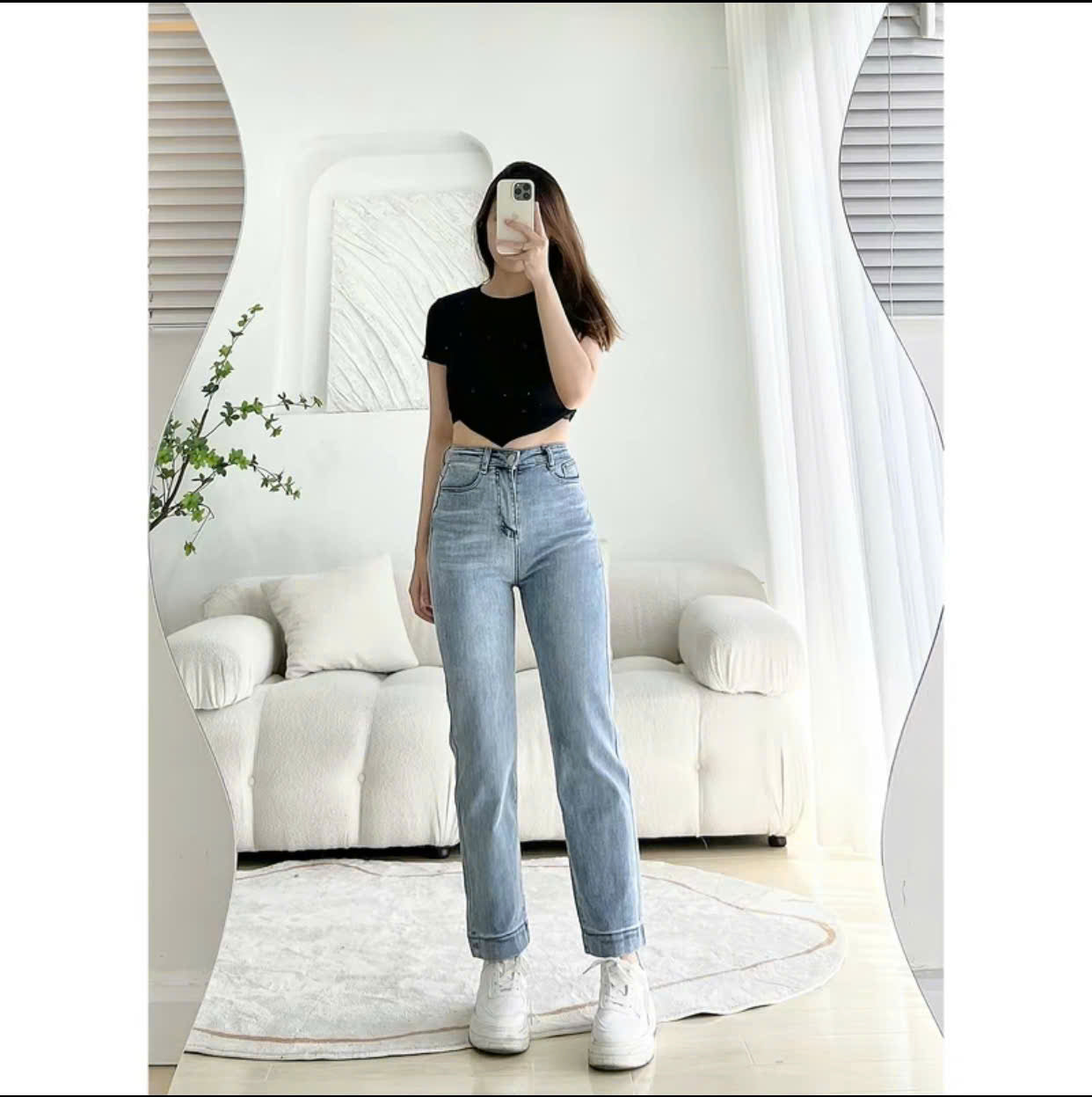 Basic Straight Leg Jeans with Folded Hem Korean Style Pants for Women