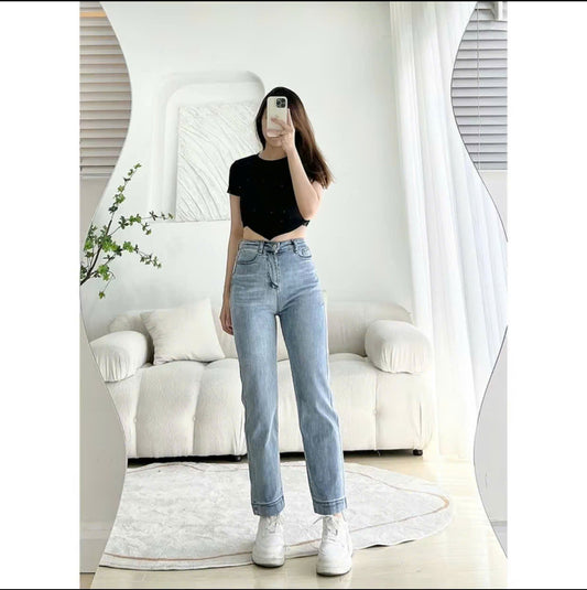 Basic Straight Leg Jeans with Folded Hem Korean Style Pants for Women
