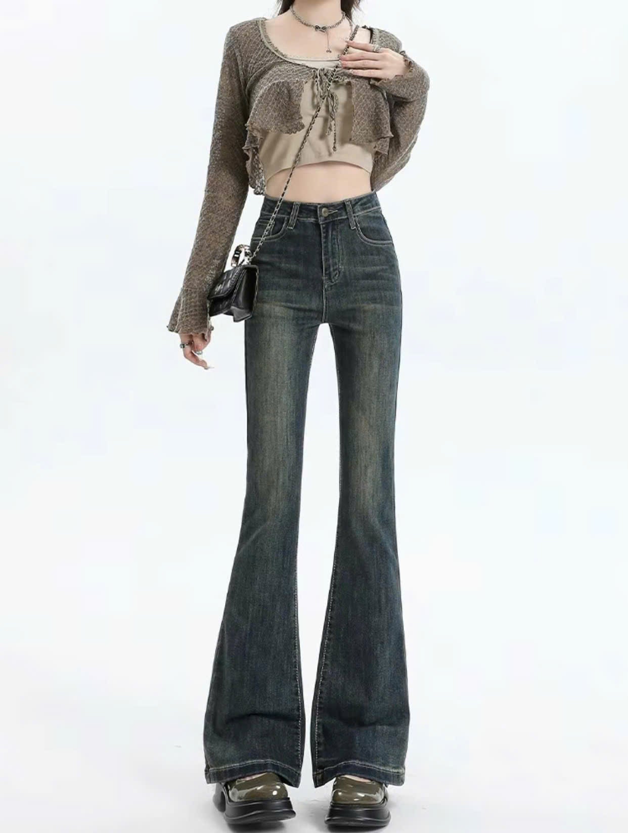 Flared Jeans Plain Light Blue Yellow