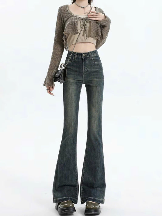 Flared Jeans Plain Light Blue Yellow