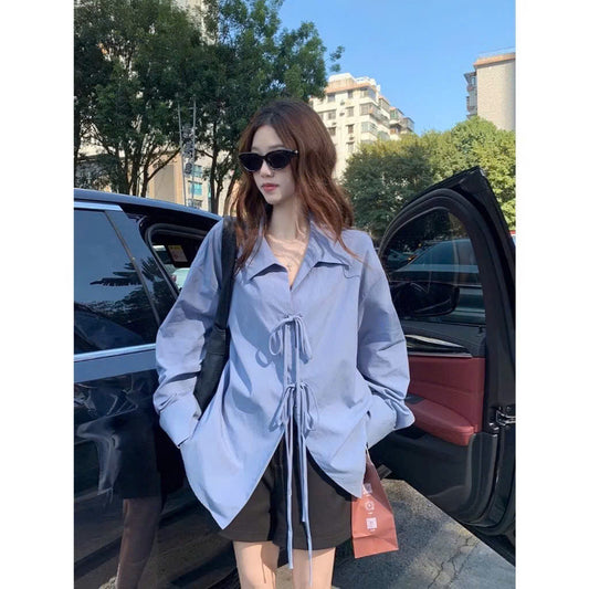 Korean Style Women's Shirt – Ribbon Tie, Loose Fit, Trendy