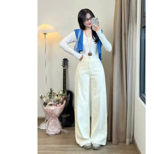 High-Waisted Kaki Jeans – Korean Style, Straight-Leg, Thick Denim