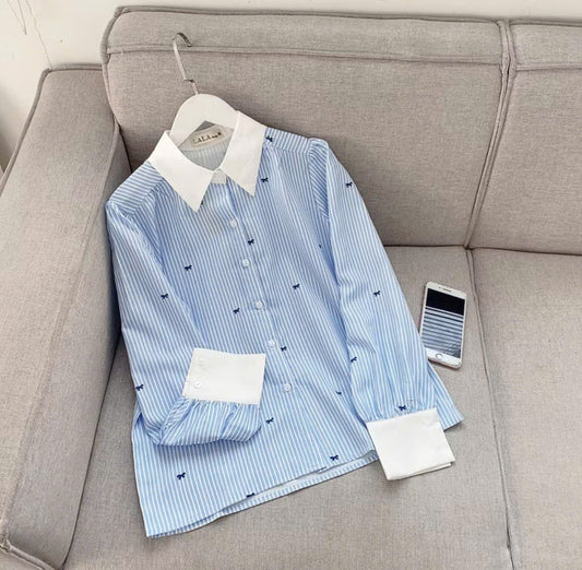 Elegant Striped Blouse with Bow Accents
