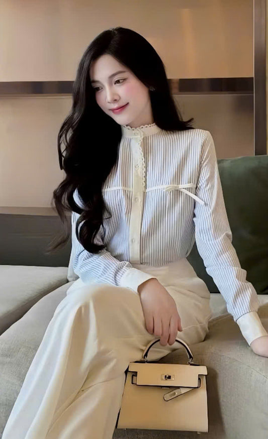 Elegant Striped Blouse with Lace Bow Detail